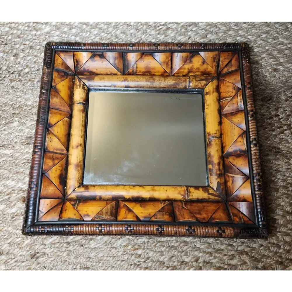 Bold Framed Vintage Rattan Bamboo Wall Mirror Mid Century Boho Decor 19